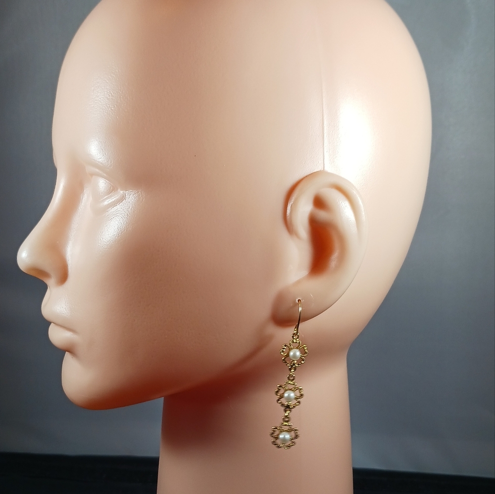Trifari Vintage Gold Tone Flower Motif Long Earrings